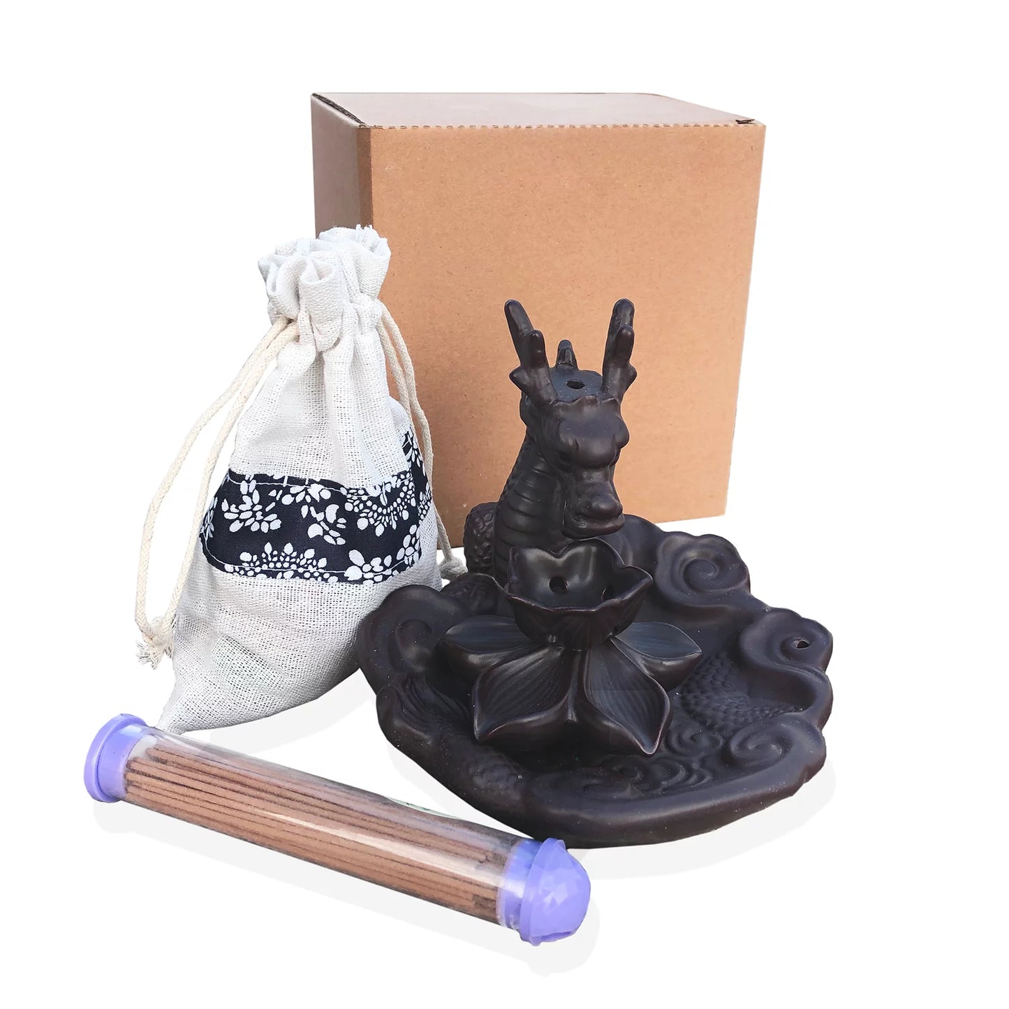 Dragon Incense Waterfall Burner Set with Backflow Incense Cones and Sandalwood Sticks