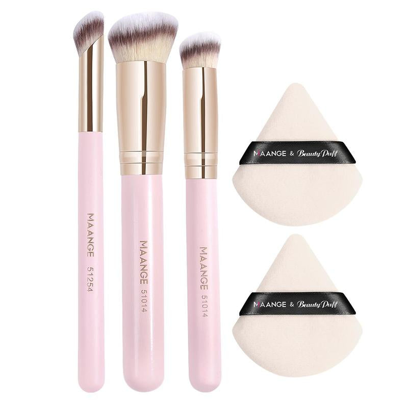 Beauty Blender Makeup Brush with Powder Puff Set, 5 Counts/Set Versatile Soft Makeup Brushes for Foundation, Powder, Concealers, Eye Shadows, Blush, Lip Balm