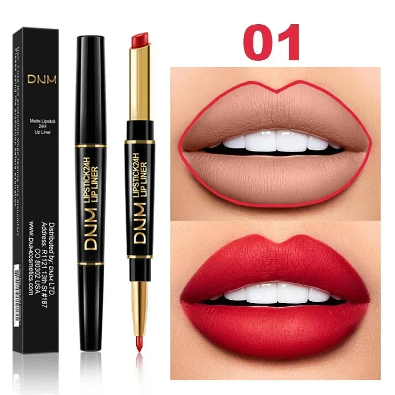 2 in 1 Matte Lipstick Pencil Double Ended Lip Liner Pen Red Nude Long Lasting Waterproof Lady Charming Lip Pencil Makeup Tools