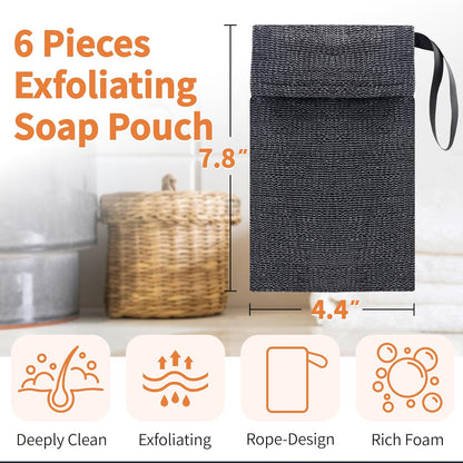 6 Pcs Soap Pocket, Soap Pouch for Shower, Soap Bags Mesh Exfoliating with Rope Design, Rich Foam Soap Scrubber Pouch, Soap Bags for Soap Bars, Soap Saver Pouch, Gray